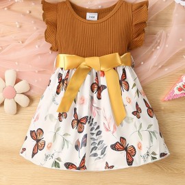 Baby Girls Cute Butterfly Graphic Print Ruffled Sleeve Belted Dress, Kids Summer Comfortable Clothes