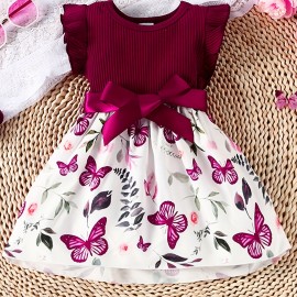 Baby Girls Cute Butterfly Graphic Print Ruffled Sleeve Belted Dress, Kids Summer Comfortable Clothes