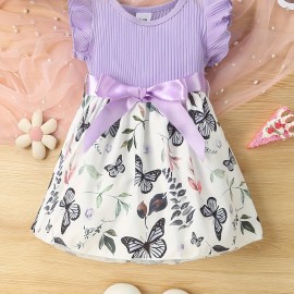 Baby Girls Cute Butterfly Graphic Print Ruffled Sleeve Belted Dress, Kids Summer Comfortable Clothes