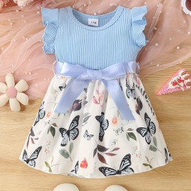 Baby Girls Cute Butterfly Graphic Print Ruffled Sleeve Belted Dress, Kids Summer Comfortable Clothes