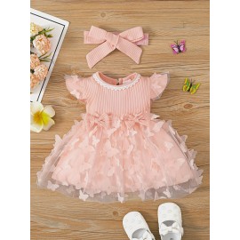 2pcs Baby Girls Cute Butterfly Decor Flutter Sleeve Lace Trim Princess Dress & Headband Set Child's Clothes