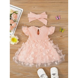 2pcs Baby Girls Cute Butterfly Decor Flutter Sleeve Lace Trim Princess Dress & Headband Set Child's Clothes