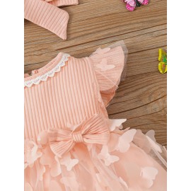 2pcs Baby Girls Cute Butterfly Decor Flutter Sleeve Lace Trim Princess Dress & Headband Set Child's Clothes