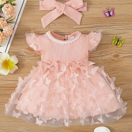 2pcs Baby Girls Cute Butterfly Decor Flutter Sleeve Lace Trim Princess Dress & Headband Set Child's Clothes