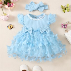 2pcs Baby Girls Cute Butterfly Decor Flutter Sleeve Lace Trim Princess Dress & Headband Set Child's Clothes