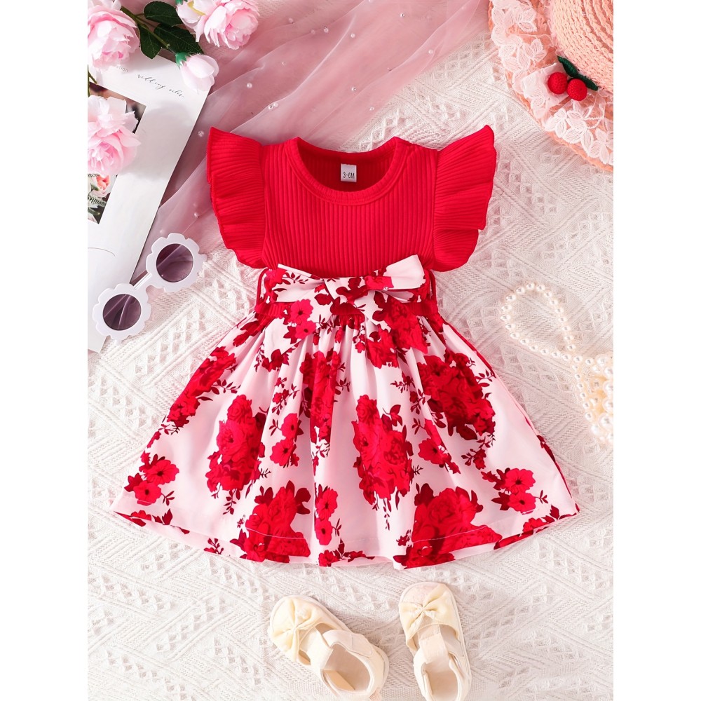 Casual Floral Print Puff Sleeve Shirred High Waist Flared Midi Dress With Belt For Toddler Baby Girls