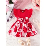 Casual Floral Print Puff Sleeve Shirred High Waist Flared Midi Dress With Belt For Toddler Baby Girls