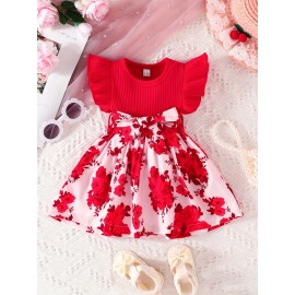 Casual Floral Print Puff Sleeve Shirred High Waist Flared Midi Dress With Belt For Toddler Baby Girls