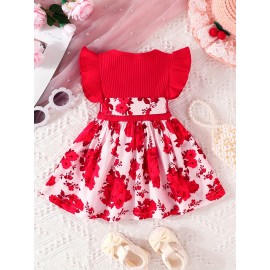 Casual Floral Print Puff Sleeve Shirred High Waist Flared Midi Dress With Belt For Toddler Baby Girls