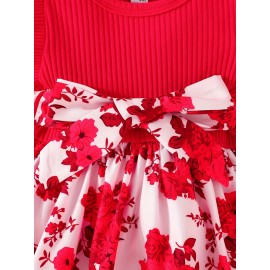 Casual Floral Print Puff Sleeve Shirred High Waist Flared Midi Dress With Belt For Toddler Baby Girls