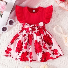 Casual Floral Print Puff Sleeve Shirred High Waist Flared Midi Dress With Belt For Toddler Baby Girls