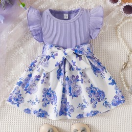 Casual Floral Print Puff Sleeve Shirred High Waist Flared Midi Dress With Belt For Toddler Baby Girls