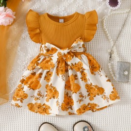 Casual Floral Print Puff Sleeve Shirred High Waist Flared Midi Dress With Belt For Toddler Baby Girls