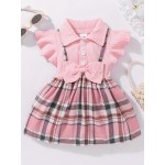 Girl's Casual Plaid Bowknot Flutter Sleeve Lapel Collar Dress, Trendy  Stitching Dress, Toddlers Children Cotton Summer Clothes