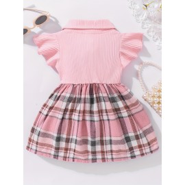 Girl's Casual Plaid Bowknot Flutter Sleeve Lapel Collar Dress, Trendy  Stitching Dress, Toddlers Children Cotton Summer Clothes