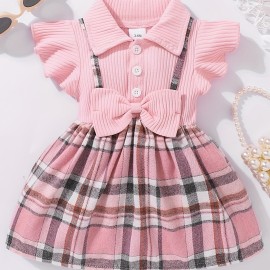 Girl's Casual Plaid Bowknot Flutter Sleeve Lapel Collar Dress, Trendy  Stitching Dress, Toddlers Children Cotton Summer Clothes