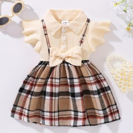 Girl's Casual Plaid Bowknot Flutter Sleeve Lapel Collar Dress, Trendy  Stitching Dress, Toddlers Children Cotton Summer Clothes