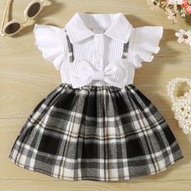 Girl's Casual Plaid Bowknot Flutter Sleeve Lapel Collar Dress, Trendy  Stitching Dress, Toddlers Children Cotton Summer Clothes