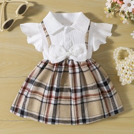 Girl's Casual Plaid Bowknot Flutter Sleeve Lapel Collar Dress, Trendy  Stitching Dress, Toddlers Children Cotton Summer Clothes