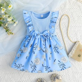 Baby Girls Casual Floral Graphic Print Sleeveless Bowknot Decor Dress Clothes