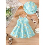 2pcs Baby Girls Summer Casual Style Daisy Print Suspender Dress + Hat Set