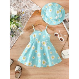 2pcs Baby Girls Summer Casual Style Daisy Print Suspender Dress + Hat Set