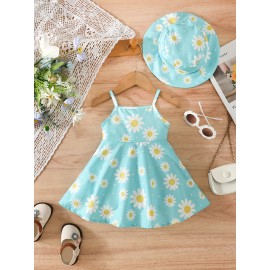 2pcs Baby Girls Summer Casual Style Daisy Print Suspender Dress + Hat Set