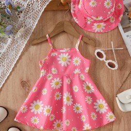 2pcs Baby Girls Summer Casual Style Daisy Print Suspender Dress + Hat Set