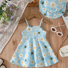 2pcs Baby Girls Summer Casual Style Daisy Print Suspender Dress + Hat Set