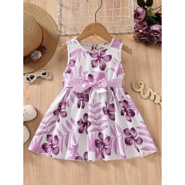 Baby Girl's Casual Floral Print Sleeveless Belted Dress Kid's Clothes