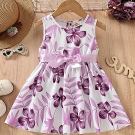 Baby Girl's Casual Floral Print Sleeveless Belted Dress Kid's Clothes