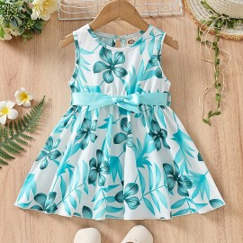 Baby Girl's Casual Floral Print Sleeveless Belted Dress Kid's Clothes