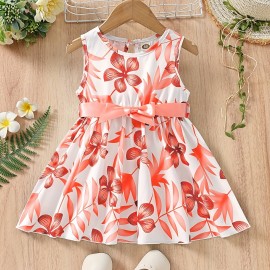 Baby Girl's Casual Floral Print Sleeveless Belted Dress Kid's Clothes