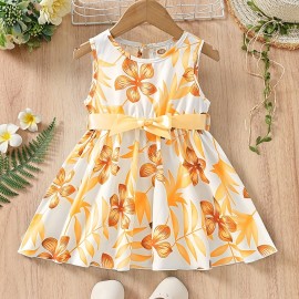 Baby Girl's Casual Floral Print Sleeveless Belted Dress Kid's Clothes