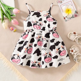 Baby Girls Cute Cartoon Print Pleated Dress, Princess Dresses, Summer Cami Dresses