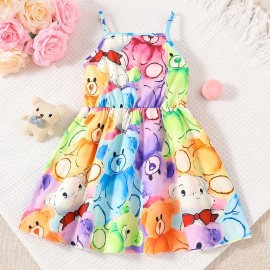 Baby Girls Cute Cartoon Print Pleated Dress, Princess Dresses, Summer Cami Dresses