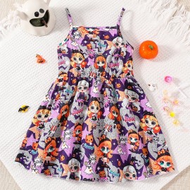 Baby Girls Cute Cartoon Print Pleated Dress, Princess Dresses, Summer Cami Dresses