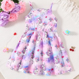 Baby Girls Cute Cartoon Print Pleated Dress, Princess Dresses, Summer Cami Dresses