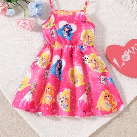 Baby Girls Cute Cartoon Print Pleated Dress, Princess Dresses, Summer Cami Dresses