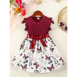 Baby Girls Sleeveless Flying Sleeve Pit Strip Butterfly Print Dress With Belt Cute Autumn Summer Clothes Set