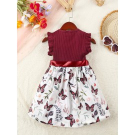 Baby Girls Sleeveless Flying Sleeve Pit Strip Butterfly Print Dress With Belt Cute Autumn Summer Clothes Set