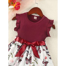 Baby Girls Sleeveless Flying Sleeve Pit Strip Butterfly Print Dress With Belt Cute Autumn Summer Clothes Set