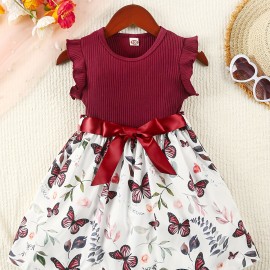 Baby Girls Sleeveless Flying Sleeve Pit Strip Butterfly Print Dress With Belt Cute Autumn Summer Clothes Set