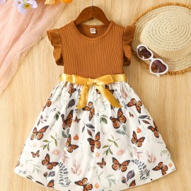 Baby Girls Sleeveless Flying Sleeve Pit Strip Butterfly Print Dress With Belt Cute Autumn Summer Clothes Set