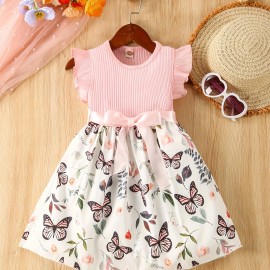 Baby Girls Sleeveless Flying Sleeve Pit Strip Butterfly Print Dress With Belt Cute Autumn Summer Clothes Set