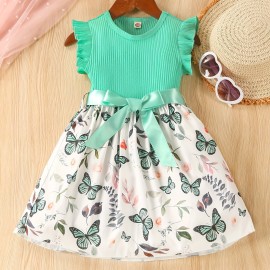 Baby Girls Sleeveless Flying Sleeve Pit Strip Butterfly Print Dress With Belt Cute Autumn Summer Clothes Set