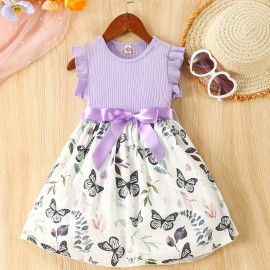 Baby Girls Sleeveless Flying Sleeve Pit Strip Butterfly Print Dress With Belt Cute Autumn Summer Clothes Set