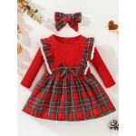 Christmas Baby Girl Plaid Ruffle Long Sleeve Dress With Bowknot Decor & Headband For Kids 3 Months - 3 Years Old