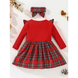 Christmas Baby Girl Plaid Ruffle Long Sleeve Dress With Bowknot Decor & Headband For Kids 3 Months - 3 Years Old