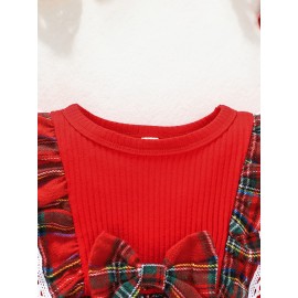 Christmas Baby Girl Plaid Ruffle Long Sleeve Dress With Bowknot Decor & Headband For Kids 3 Months - 3 Years Old